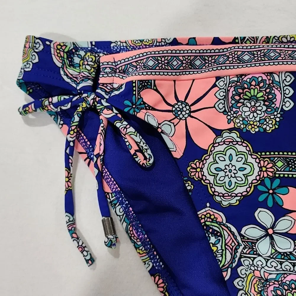 Hobie Womens Pink Blue Floral Bikini Bottom With Adjustable‎ Side Straps Size XL